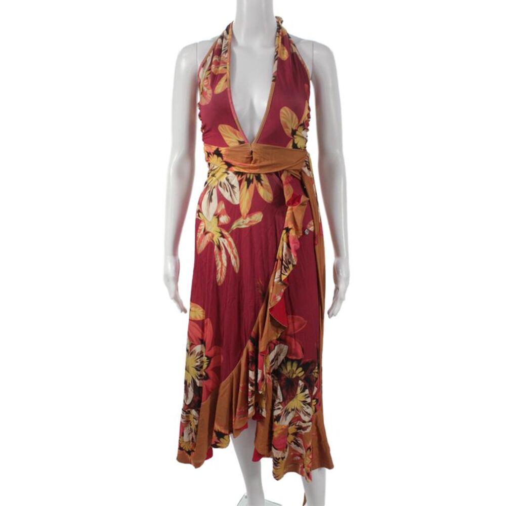 PatBO Womens Multicolor Floral Halter Wrap Dress Midi Sleeveless Size XS
